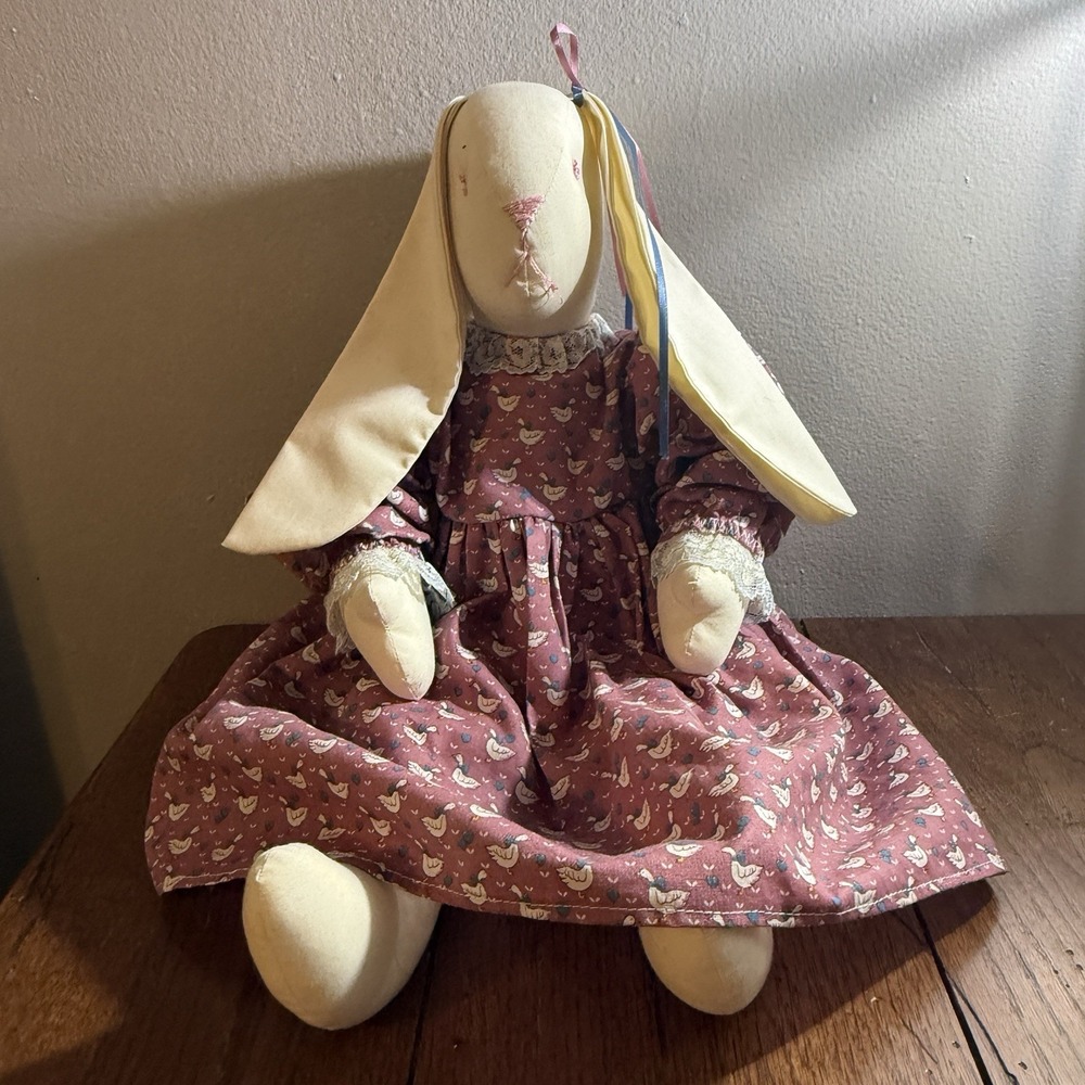 Vtg Handmade Country Bunny Rag Doll Floral Pink Goose Dress Farmhouse Style